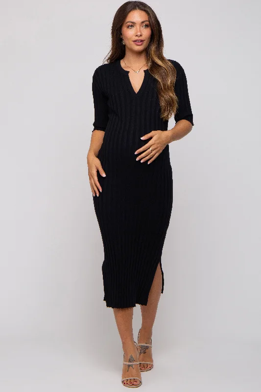 Black Ribbed Knit Maternity Midi Dress Trendy Ruffle Hem Midi Dress