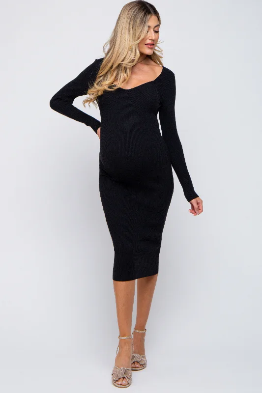 Black Ribbed Long Sleeve Maternity Midi Dress Elegant Satin Midi Dress