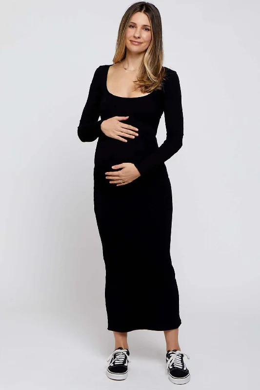 Black Ribbed Scoop Neck Maternity Midi Dress Stylish Satin Midi Dress