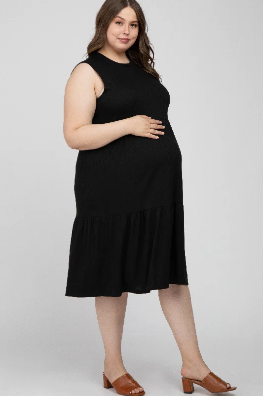 Black Ribbed Sleeveless Plus Maternity Midi Dress Fashionable Polka Dot Midi Dress