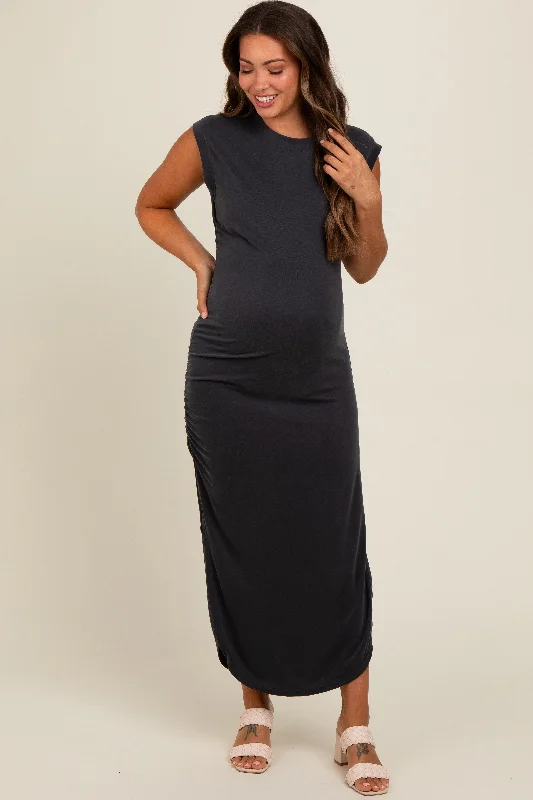 Black Ruched Side Slit Maternity Midi Dress Trendy Ruffle Hem Midi Dress