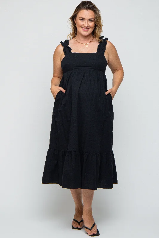 Black Ruffle Strap Back Tie Maternity Plus Midi Dress Elegant Satin Slip Midi Dress