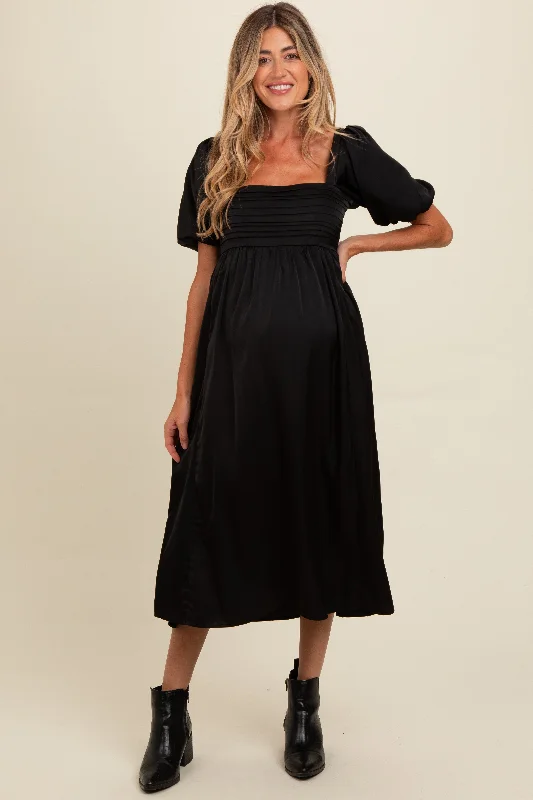 Black Satin Pleated Bodice Puff Sleeve Maternity Midi Dress Fashionable High-Low Midi Dress