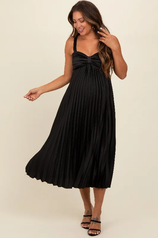 Black Satin Pleated Sweetheart Maternity Midi Dress Elegant Maxi-Midi Hybrid Dress