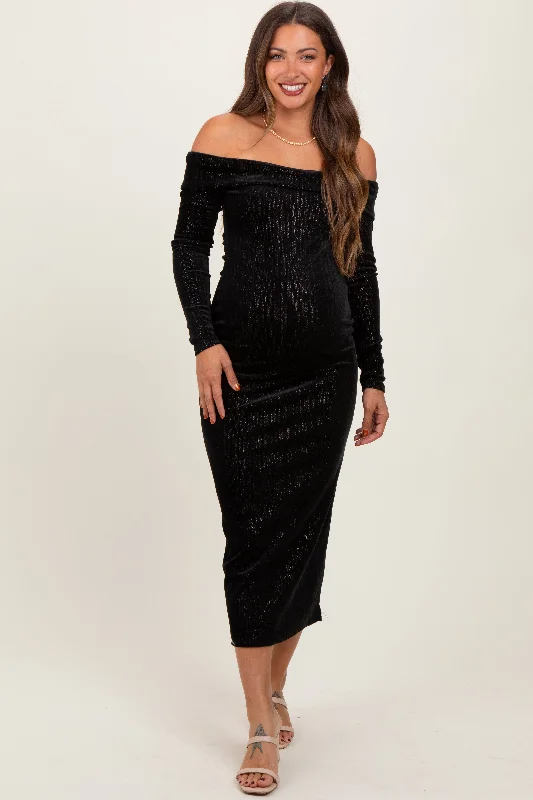 Black Shiny Velour Off Shoulder Maternity Midi Dress Comfortable Button Front Midi Dress