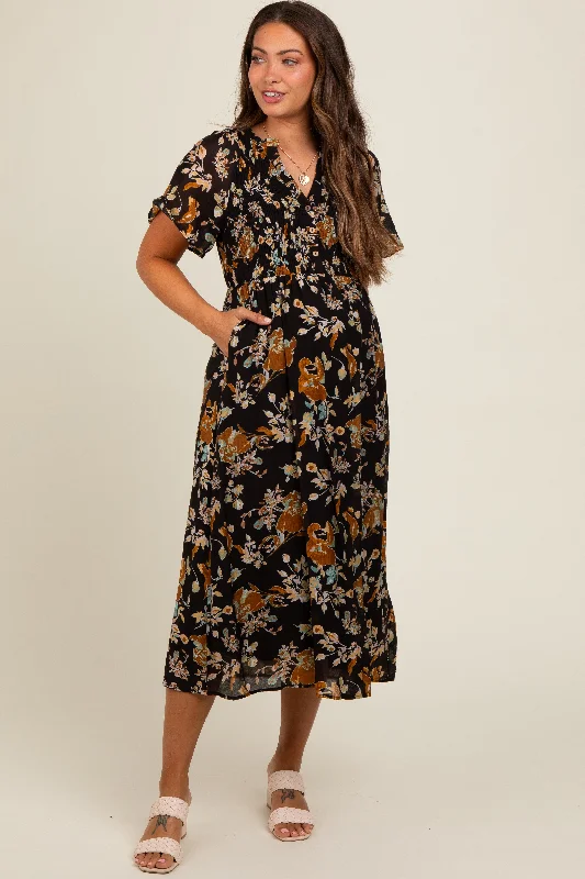 Black Smocked Floral Maternity Midi Dress Stylish Button-Down Midi Dress