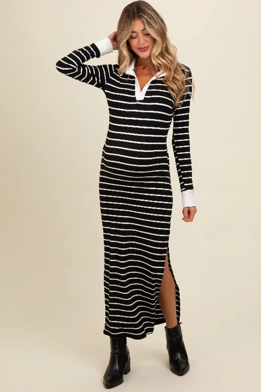 Black Striped Collared Long Sleeve Maternity Midi Dress Fashionable Skater Midi Dress