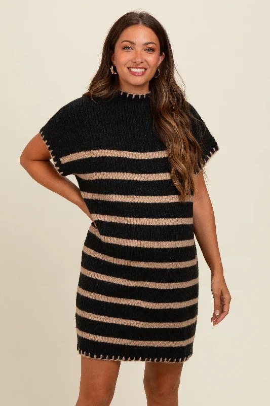 Black Striped Knit Contrast Stitch Maternity Mini Dress Fashionable A-Line Mini Dress