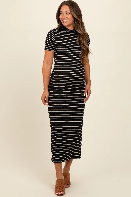 Black Striped Mock Neck Fitted Maternity Midi Dress Comfortable Wrap Midi Dress