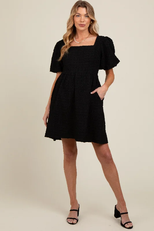 Black Textured Bubble Sleeve Maternity Mini Dress Fashionable Polka Dot Mini Dress