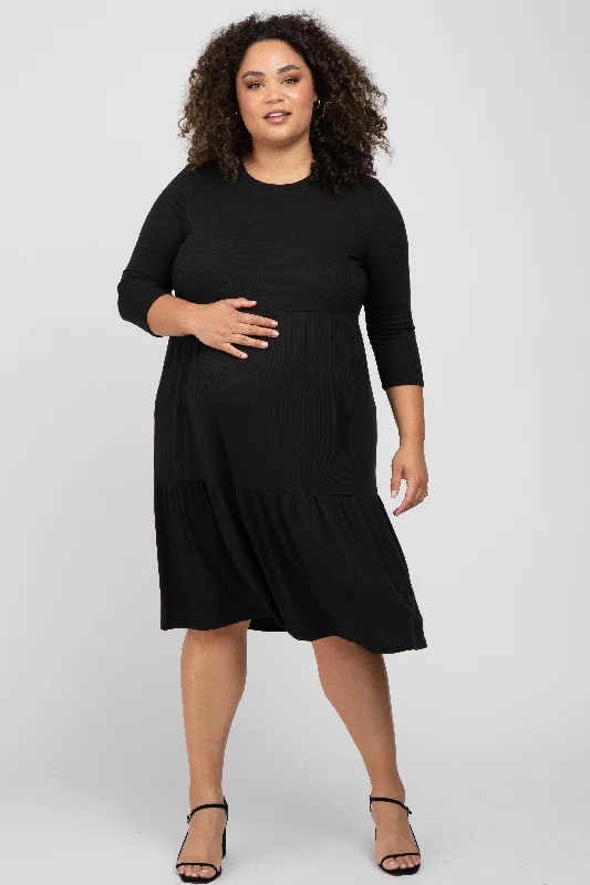 Black Tiered Ribbed 3/4 Sleeve Plus Maternity Midi Dress Elegant Satin Midi Dress