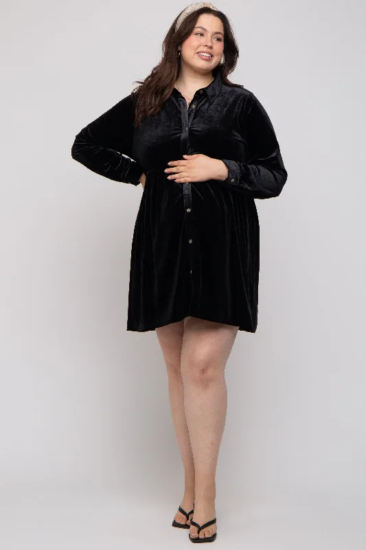 Black Velvet Button Down Maternity Plus Mini Dress Trendy Cut-Out Mini Dress