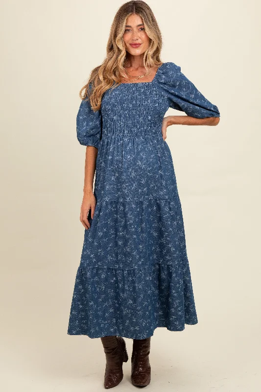 Blue Chambray Printed Smocked Maternity Midi Dress Stylish Tiered Midi Dress