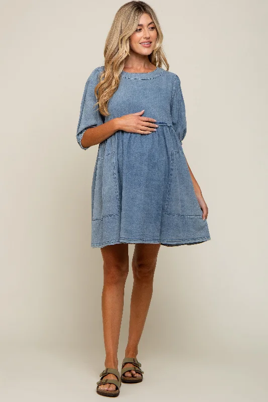 Blue Faded Denim Chambray Maternity Mini Dress Cozy Sweater Mini Dress