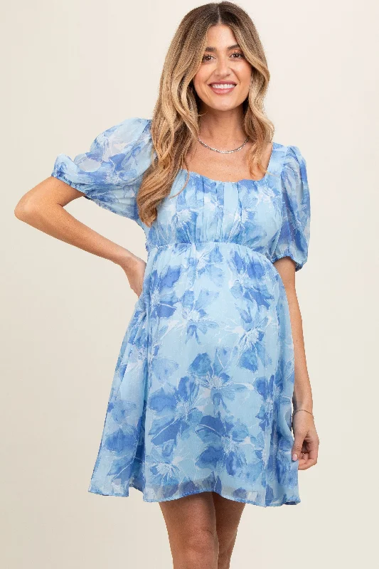 Blue Floral Puff Sleeve Maternity Mini Dress Classic White Mini Dress