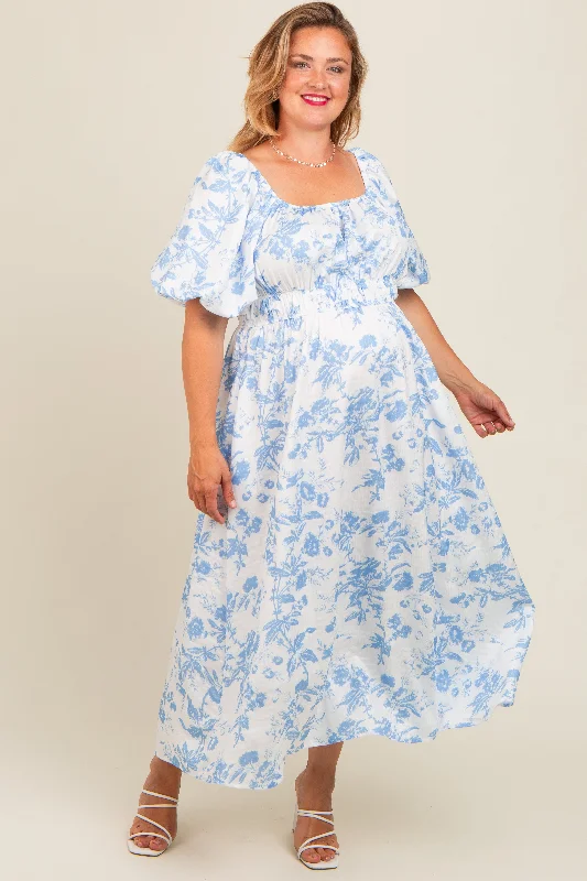 Blue Floral Puff Sleeve Maternity Plus Midi Dress Fashionable Pencil Midi Dress