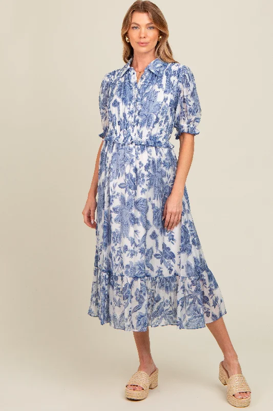 Blue Floral Ruffle Accent Button Up Maternity Midi Dress Comfortable Fit-and-Flare Midi Dress