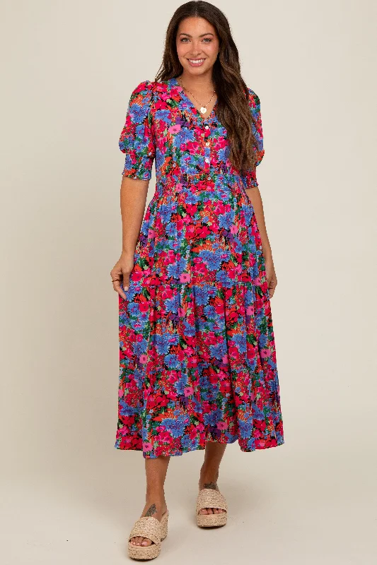 Blue Floral Smocked Waist Maternity Midi Dress Fashionable Off-Shoulder Dress Midi