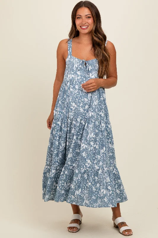 Blue Floral Tiered Maternity Midi Dress Comfortable Casual Midi Dress