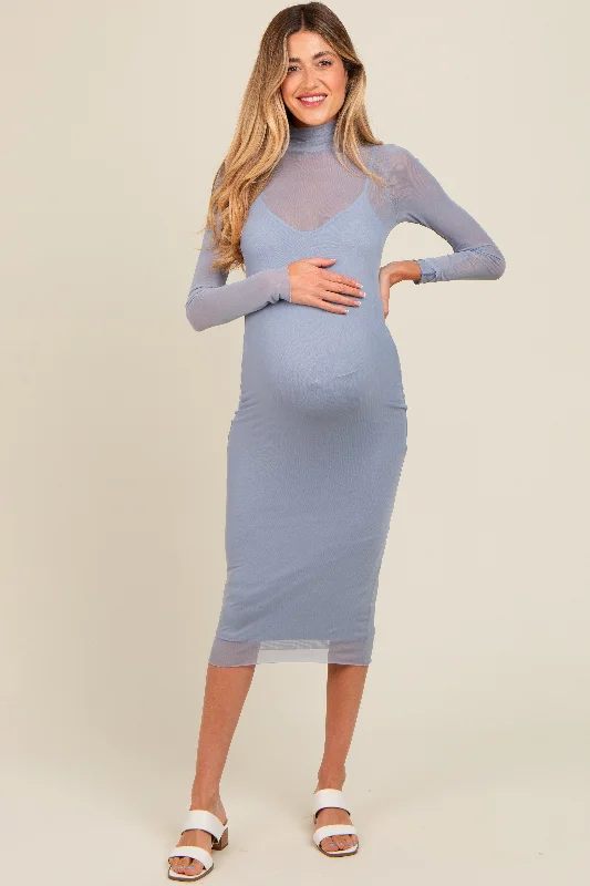 Blue Mesh Overlay Fitted Maternity Midi Dress Fashionable Polka Dot Midi Dress