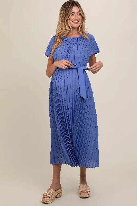 Blue Pleated Sash Tie Maternity Midi Dress Stylish Silk Midi Dress