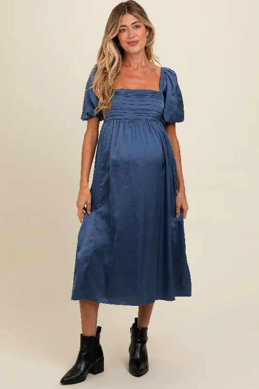 Blue Satin Pleated Bodice Puff Sleeve Maternity Midi Dress Fashionable Fitted Midi Dress