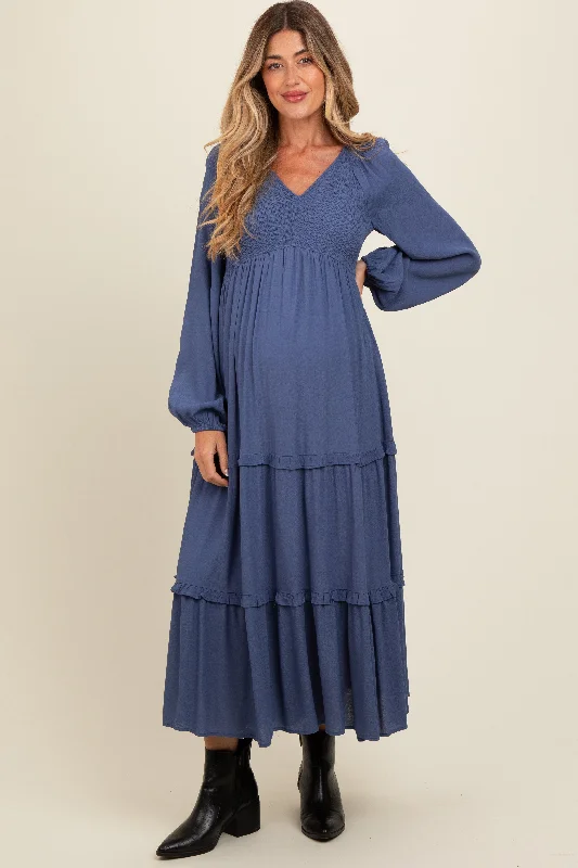 Blue Smocked Tiered Maternity Midi Dress Trendy Ruched Side Midi Dress