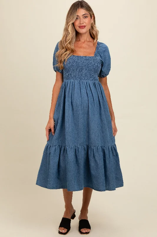 Blue Vintage Wash Chambray Smocked Maternity Midi Dress Fashionable Shift Midi Dress