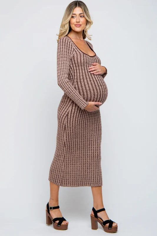 Brown Cable Knit Maternity Fitted Midi Dress Elegant Lace Trim Midi Dress