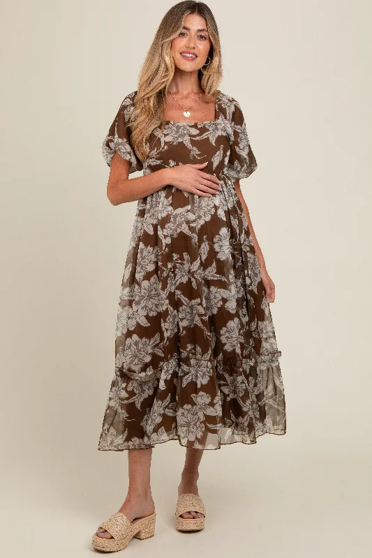 Brown Floral Chiffon Ruffle Hem Maternity Midi Dress Chic Floral Print Midi Dress