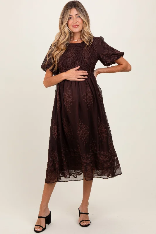 Brown Floral Embroidered Mesh Overlay Smocked Maternity Midi Dress Elegant Puff Sleeve Midi Dress