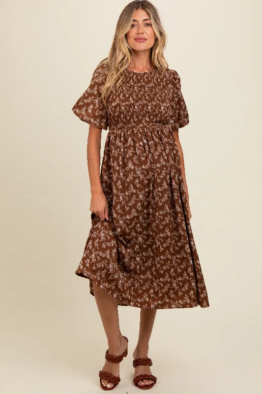 Brown Floral Smocked Maternity Midi Dress Trendy Floral Wrap Midi Dress