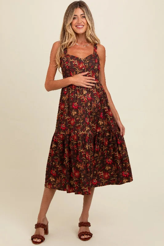 Brown Floral Sweetheart Neck Button Down Maternity Midi Dress Stylish Cold Shoulder Midi Dress