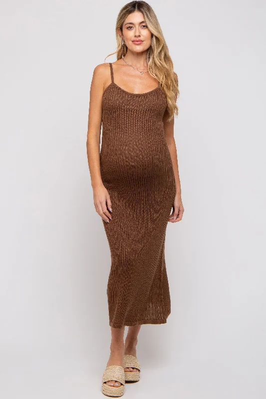 Brown Open Knit Crochet Maternity Midi Dress Elegant Satin Button Midi Dress