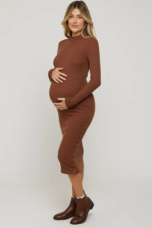 Brown Ribbed Mock Neck Button Side Slit Maternity Midi Dress Elegant Floral Midi Dress