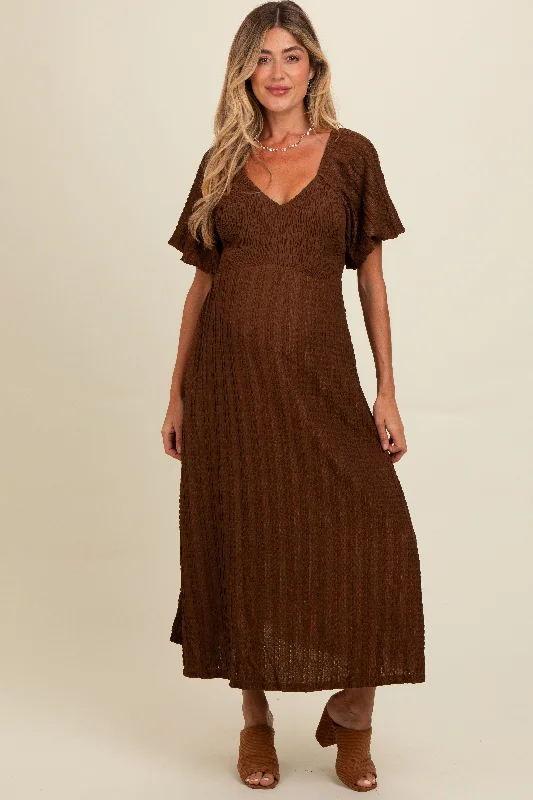 Brown Smocked V-Neck Short Puff Sleeve Textured Maternity Midi Dress Stylish Striped Midi Dress