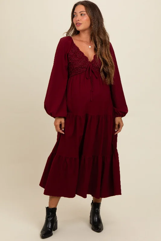 Burgundy Contrast Lace Bodice Tiered Maternity Midi Dress Trendy Off-Shoulder Ruffle Midi Dress