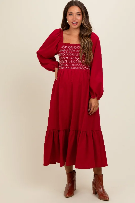 Burgundy Contrast Smocked Balloon Sleeve Maternity Midi Dress Elegant Maxi-Midi Hybrid Dress