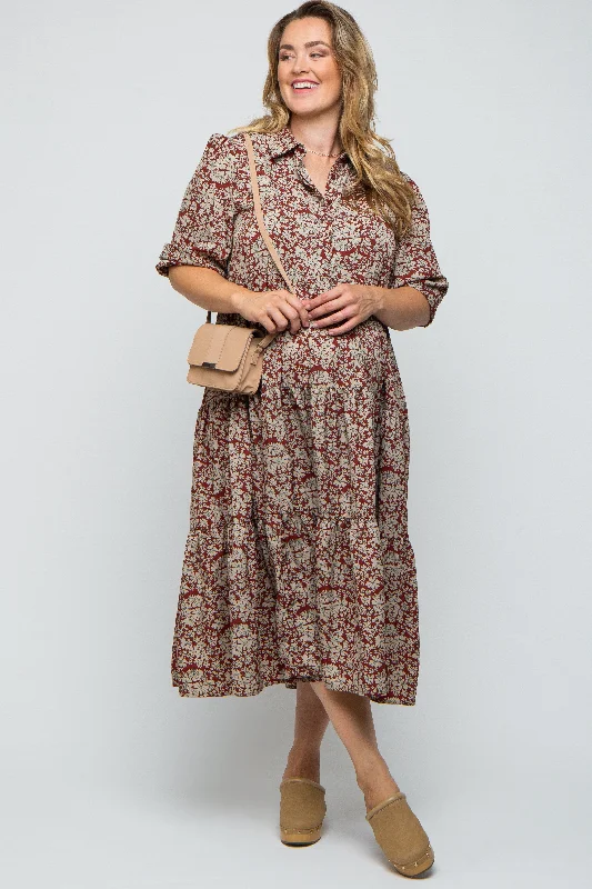 Burgundy Floral Collared Tiered Plus Maternity Maxi Dress Comfortable Ruffle Hem Maxi Dress