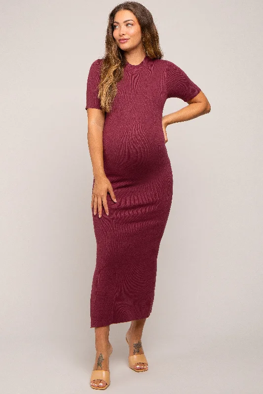 Burgundy Knit Fitted Mock Neck Maternity Midi Dress Chic Bohemian Midi Dress