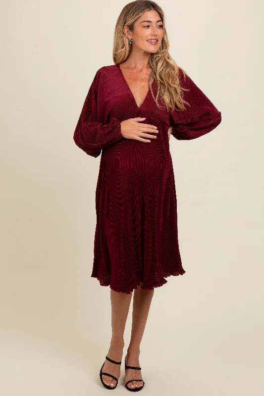 Burgundy Pleated Deep V-Neck Maternity Midi Dress Elegant Floral Midi Dress