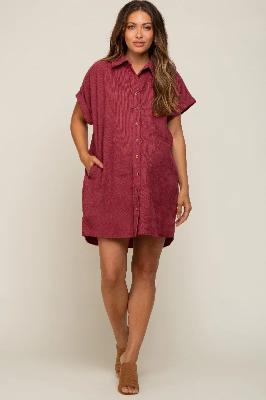 Burgundy Ribbed Button Down Maternity Mini Dress Trendy Floral Mini Dress