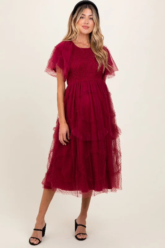 Burgundy Smocked Ruffled Mesh Maternity Midi Dress Comfortable Empire Waist Midi Dress