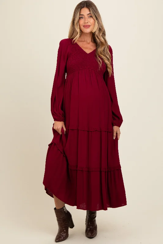 Burgundy Smocked Tiered Maternity Midi Dress Fashionable A-Line Midi Dress