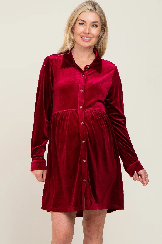 Burgundy Velvet Button Down Maternity Mini Dress Stylish Plaid Mini Dress