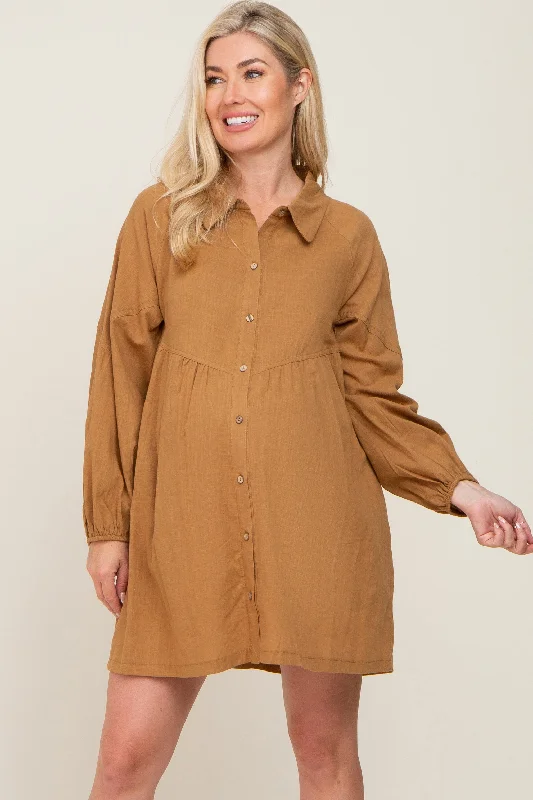 Camel Button Down Maternity Mini Dress Trendy Mesh Mini Dress