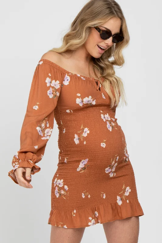 Camel Floral Long Sleeve Smocked Maternity Mini Dress Classic Floral Print Mini Dress