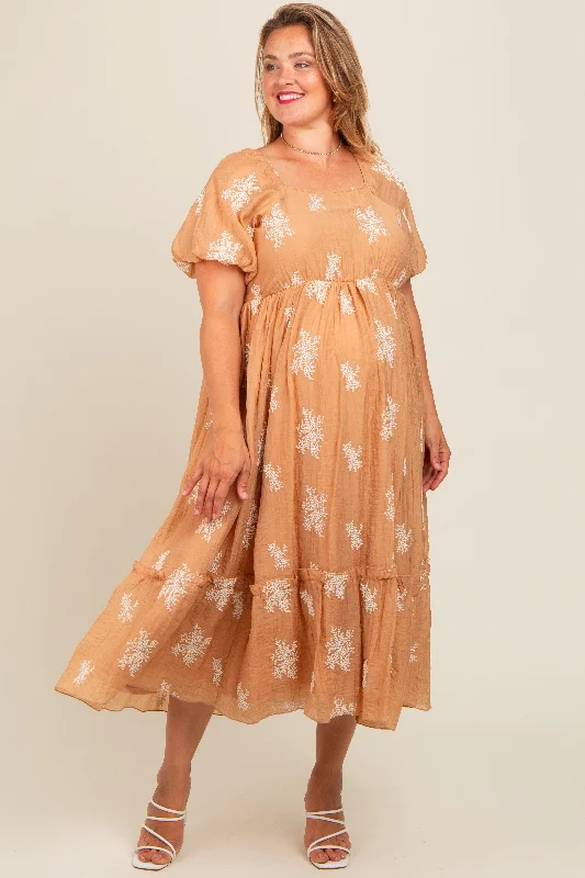 Camel Floral Print Ruffle Hem Maternity Plus Midi Dress Cozy T-shirt Midi Dress