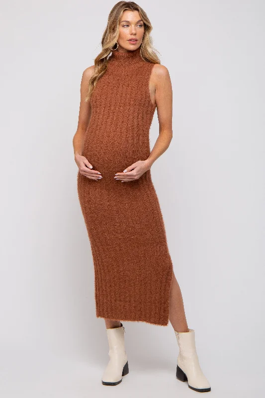 Camel Fuzzy Knit Sleeveless Turtle Neck Maternity Midi Dress Fashionable A-Line Midi Dress