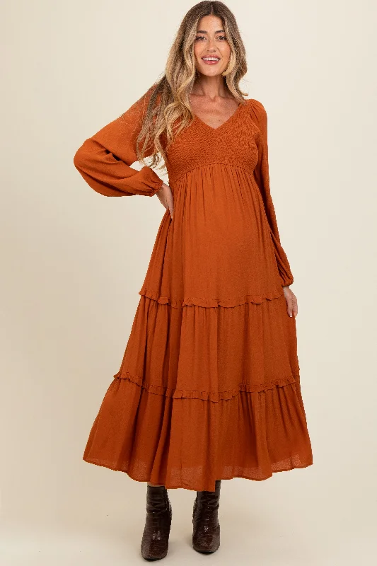 Camel Smocked Tiered Maternity Midi Dress Stylish Button-Down Midi Dress